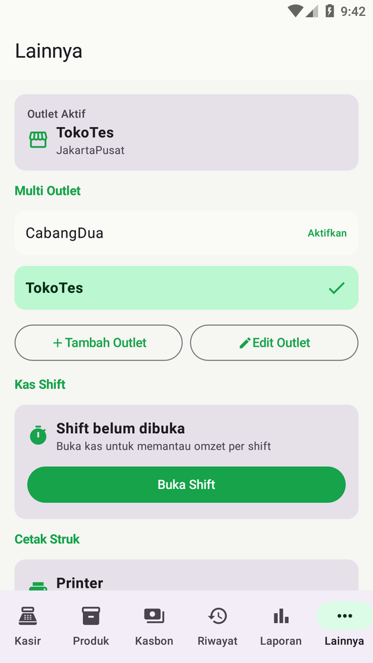 Layar lainnya: outlet, shift, printer NgasirKita