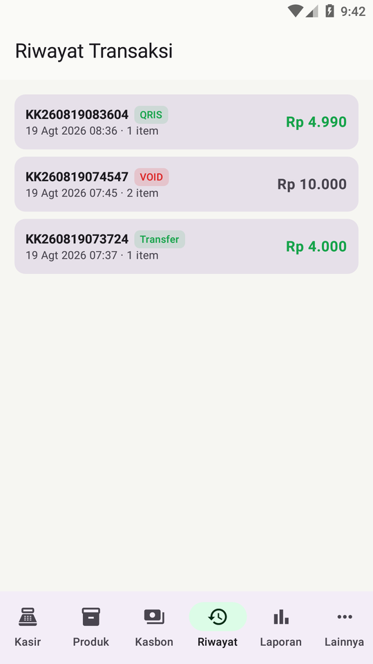 Layar riwayat transaksi NgasirKita